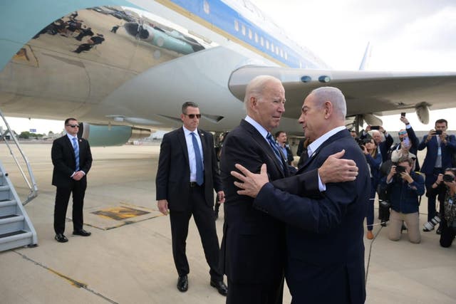<p>US president Joe Biden is greeted by Israeli prime minister Benjamin Netanyahu on arrival at  Tel Aviv’s Ben-Gurion International Airport </p>